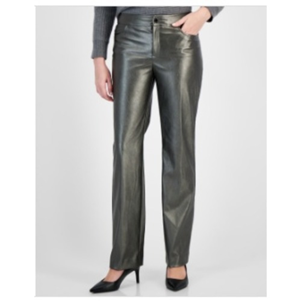 NWT Anne Klein Women's Faux Leather Metallic Gunmetal Bootcut Pants 16